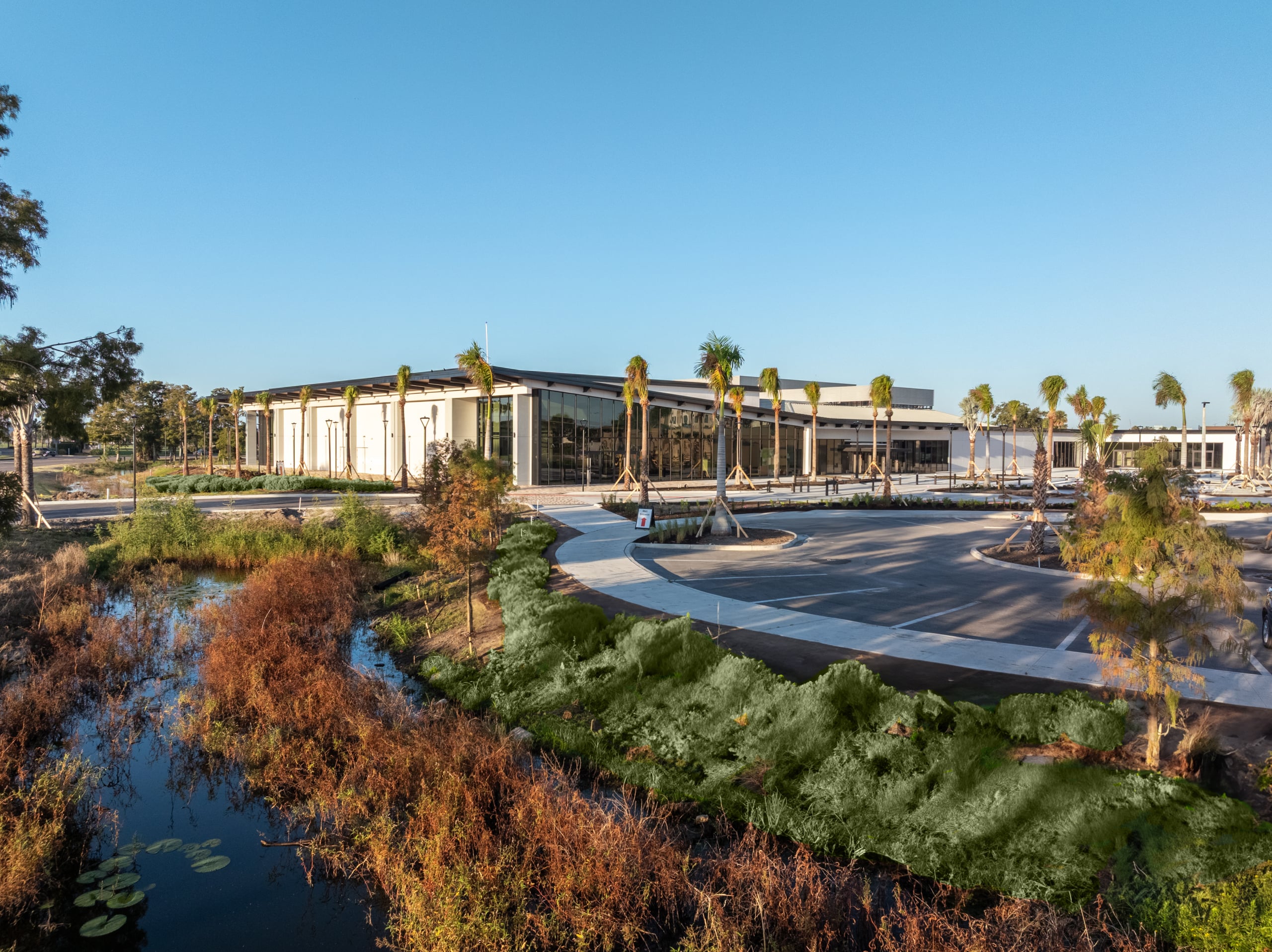 Modern white building with dark windows stands prominently, bordered by new landscaping, palm trees, and a winding parking lot, with a marshy stream in the foreground.
