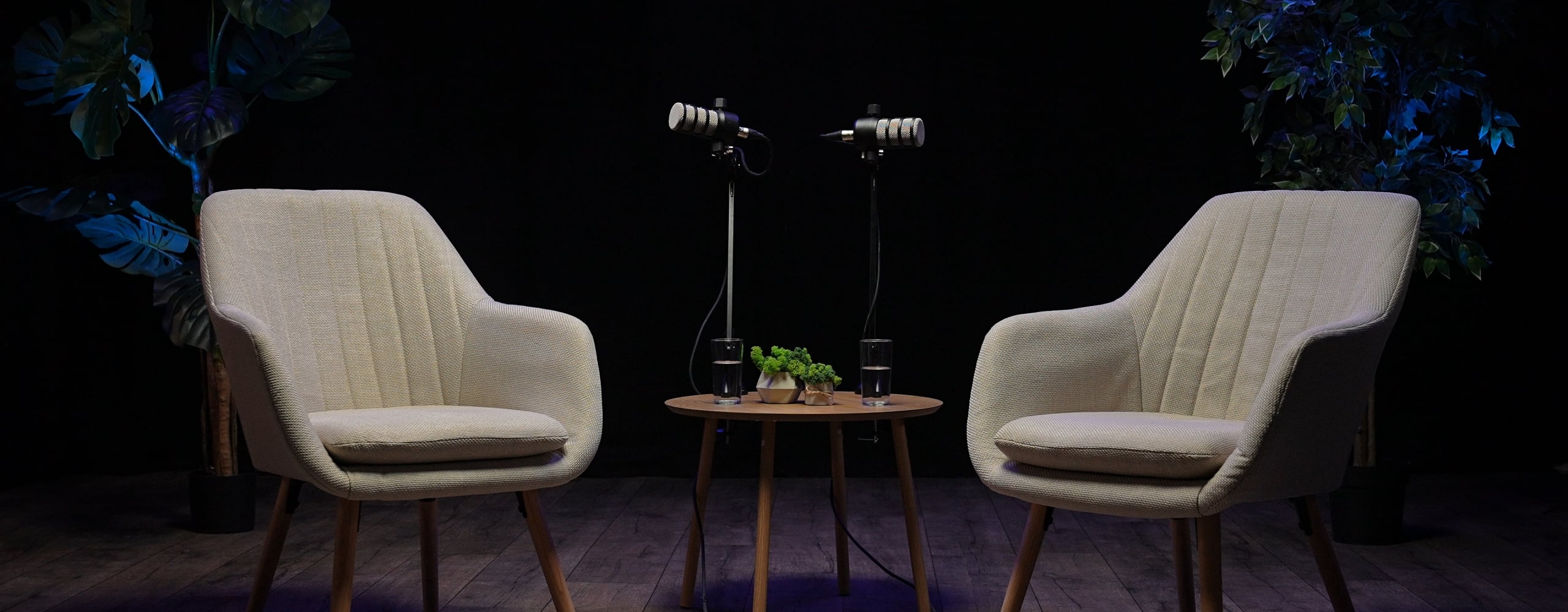 Two stylish chairs face each other in a cozy podcast studio, ready for an engaging interview. Microphones stand poised, and warm lighting sets the tone for inspiring conversations.