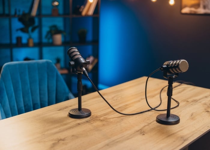 Two professional microphones on desk stands set up for a podcast on a wooden table, featuring a plush blue chair and a bookshelf with warm lighting in the background.