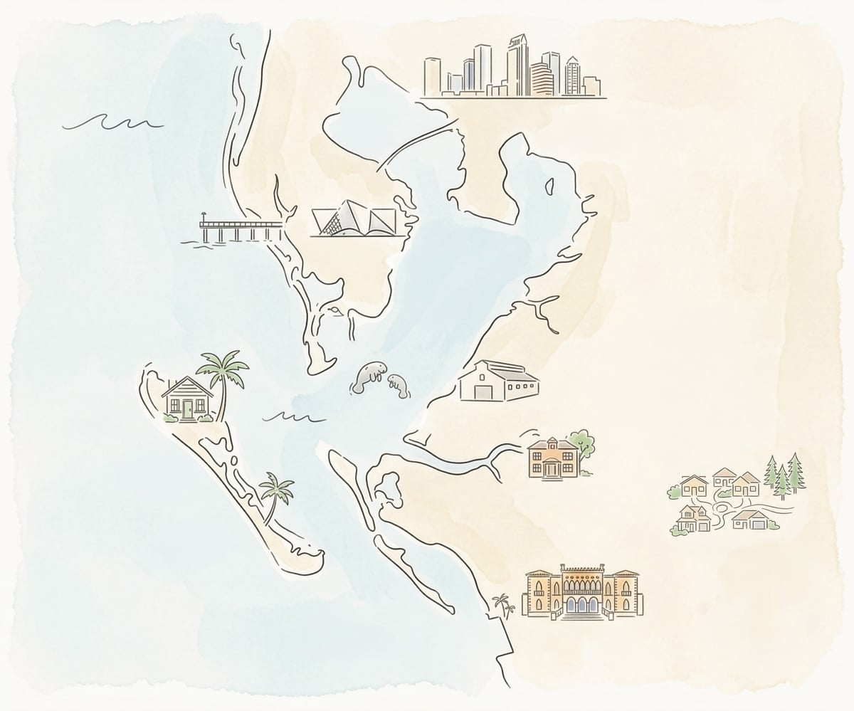 A minimalist, hand-drawn map illustration of a coastal region featuring simple line art landmarks, buildings, and palm trees.